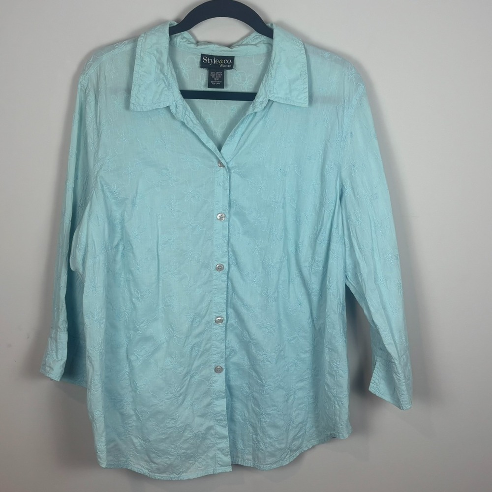 Style & Co. Womens Blue Floral Embroidered 3/4 Sleeve 100% Cotton Button up 18W